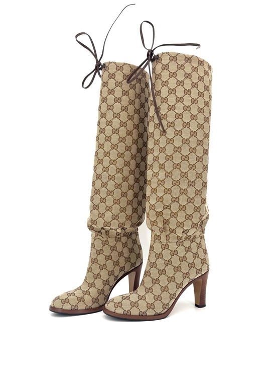 Gucci Shoes - Gucci Lisa Monogram Slouch Knee High Heeled Pull On Boots 35.5